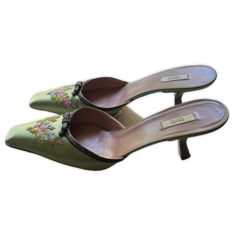 Louis Vuitton, Shoes, Louis Vuitton Slingback Pumps In Green Satin With  White Flower Toe