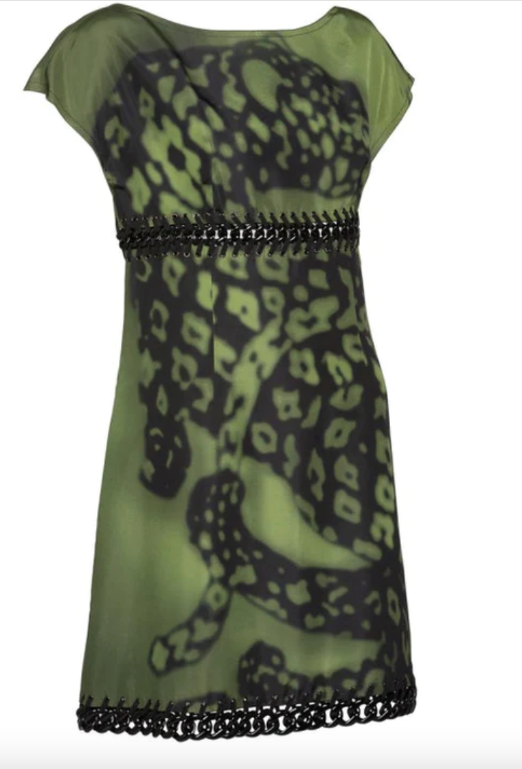 ワンピース PRADA Army Green Cotton Blend Dress Prada Green Black Chain Inset Printed Shift Dress, Resort