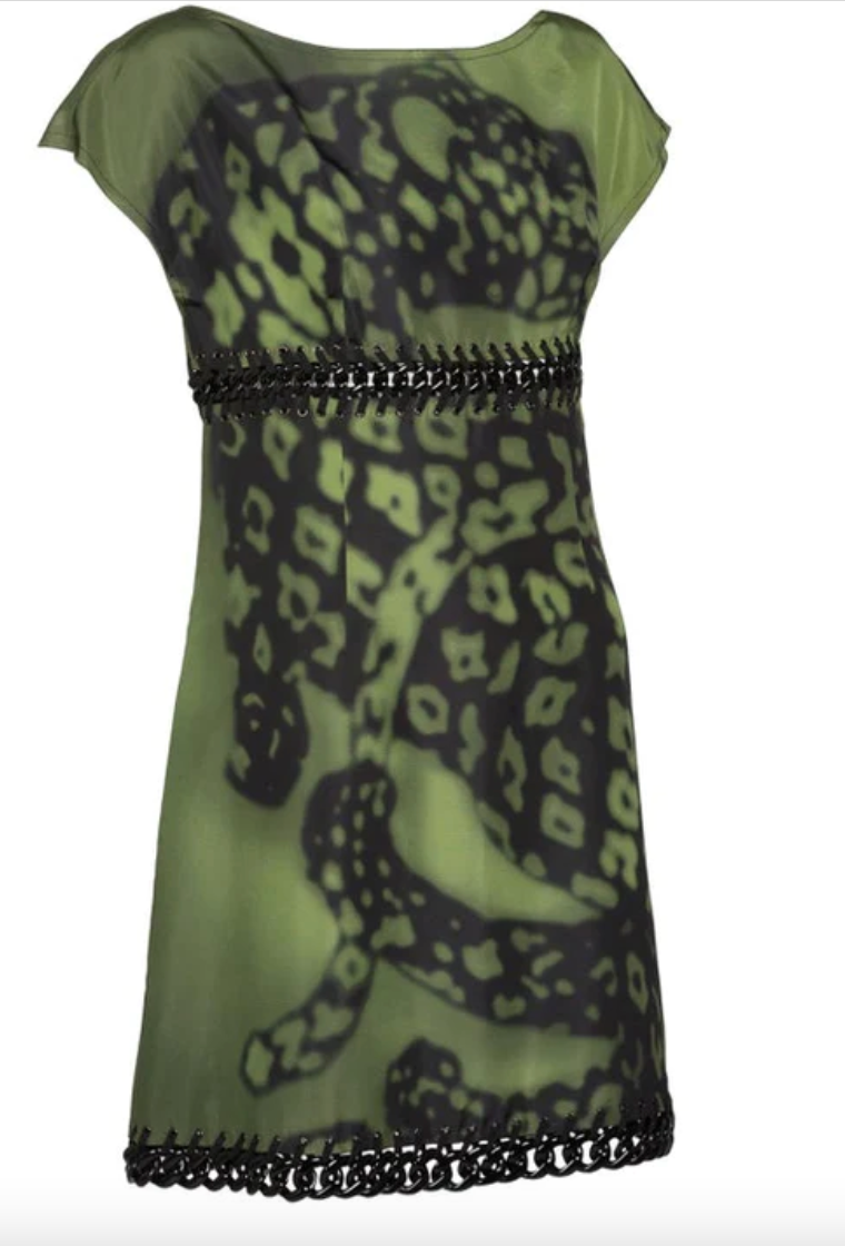 Prada Green Black Chain Inset Printed Shift Dress, Resort 2009 | 46