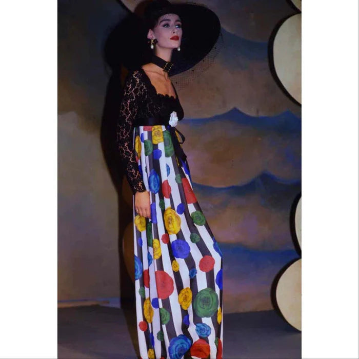 Pre-Owned CHANEL Lace and Striped Camellia Empire Dress S/S 1988 | 40 FR - Medium - theREMODA