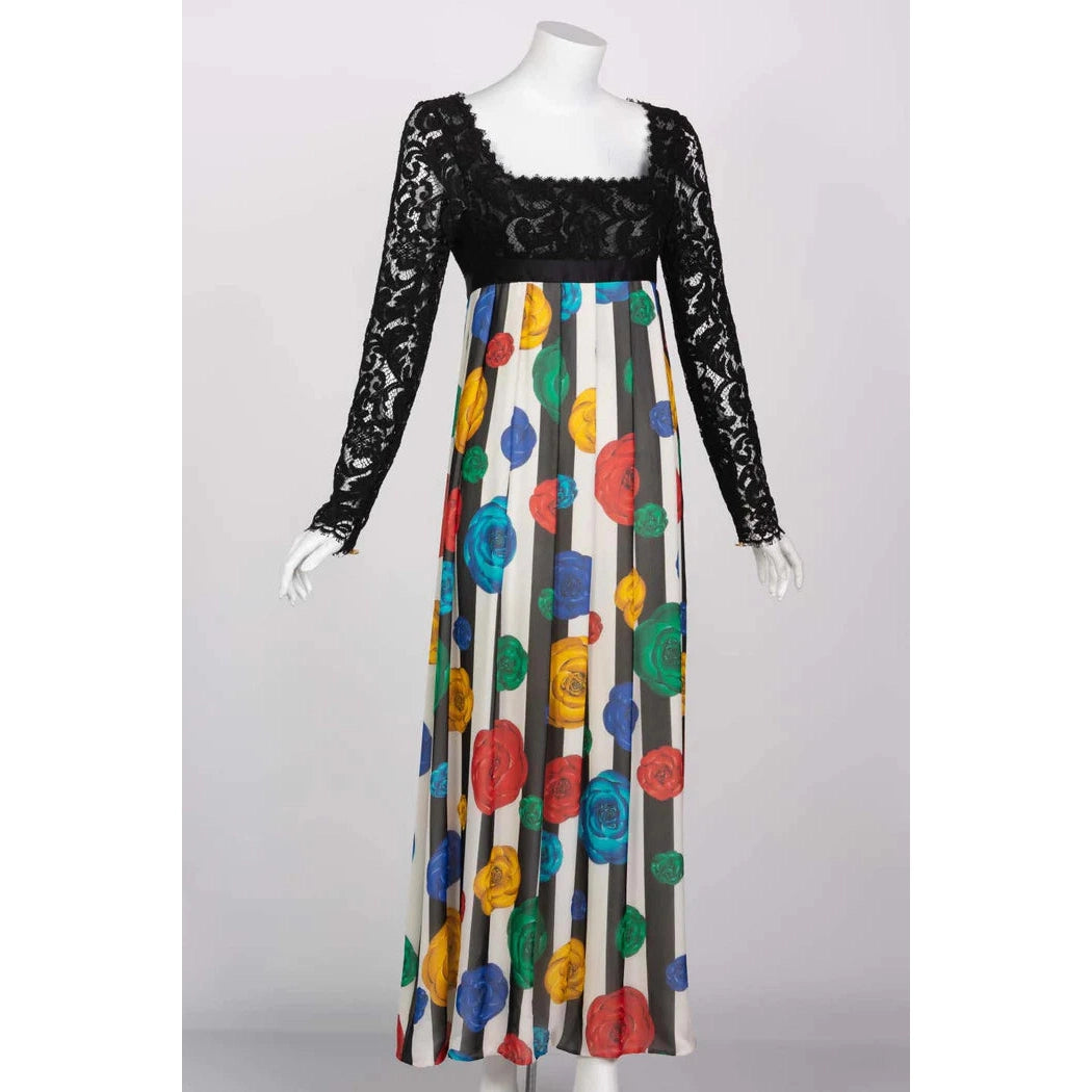 Pre-Owned CHANEL Lace and Striped Camellia Empire Dress S/S 1988 | 40 FR - Medium - theREMODA