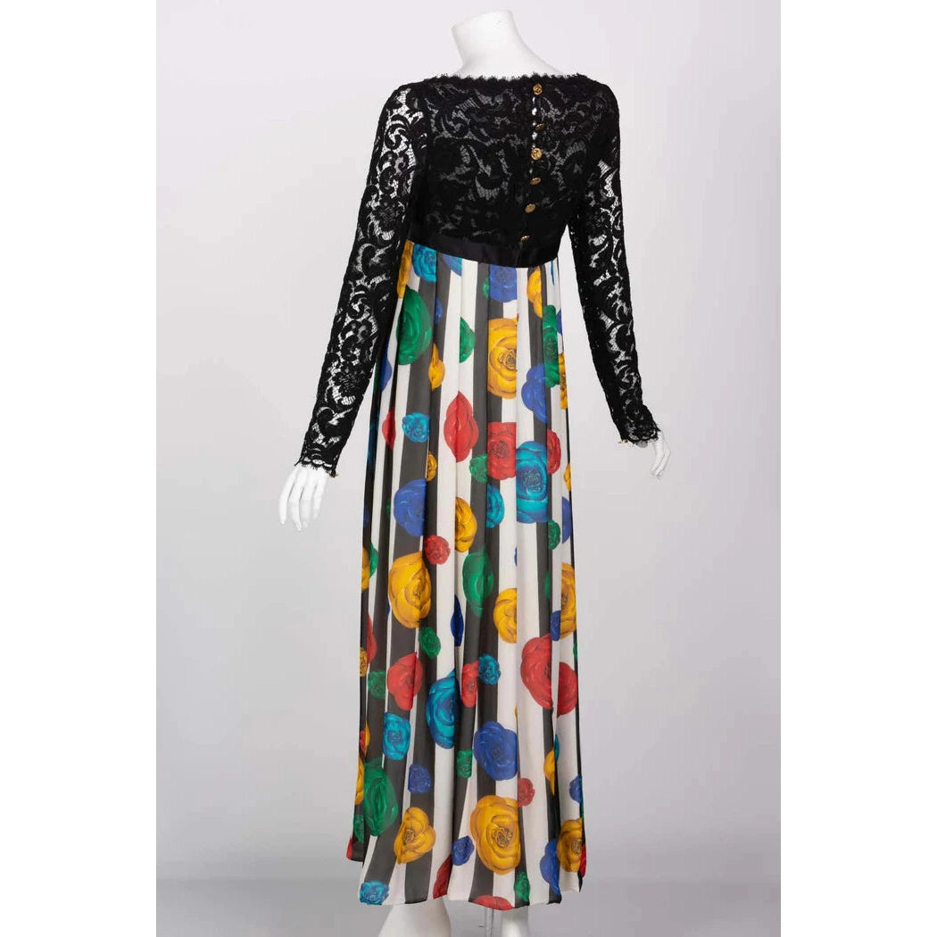 Pre-Owned CHANEL Lace and Striped Camellia Empire Dress S/S 1988 | 40 FR - Medium - theREMODA