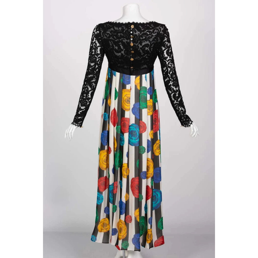 Pre-Owned CHANEL Lace and Striped Camellia Empire Dress S/S 1988 | 40 FR - Medium - theREMODA