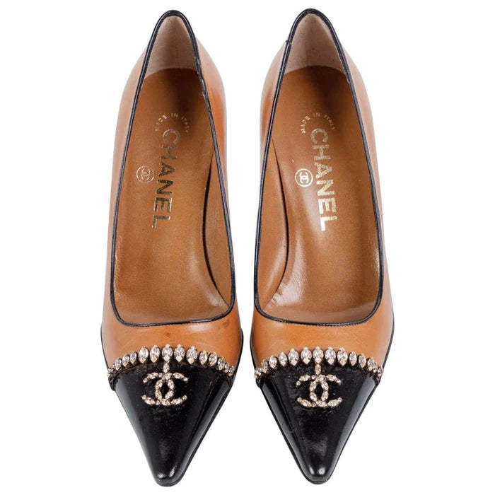CHANEL Dark Beige Black Leather Classic Point Toe Jewel Pump 2002 35 EU 5 US