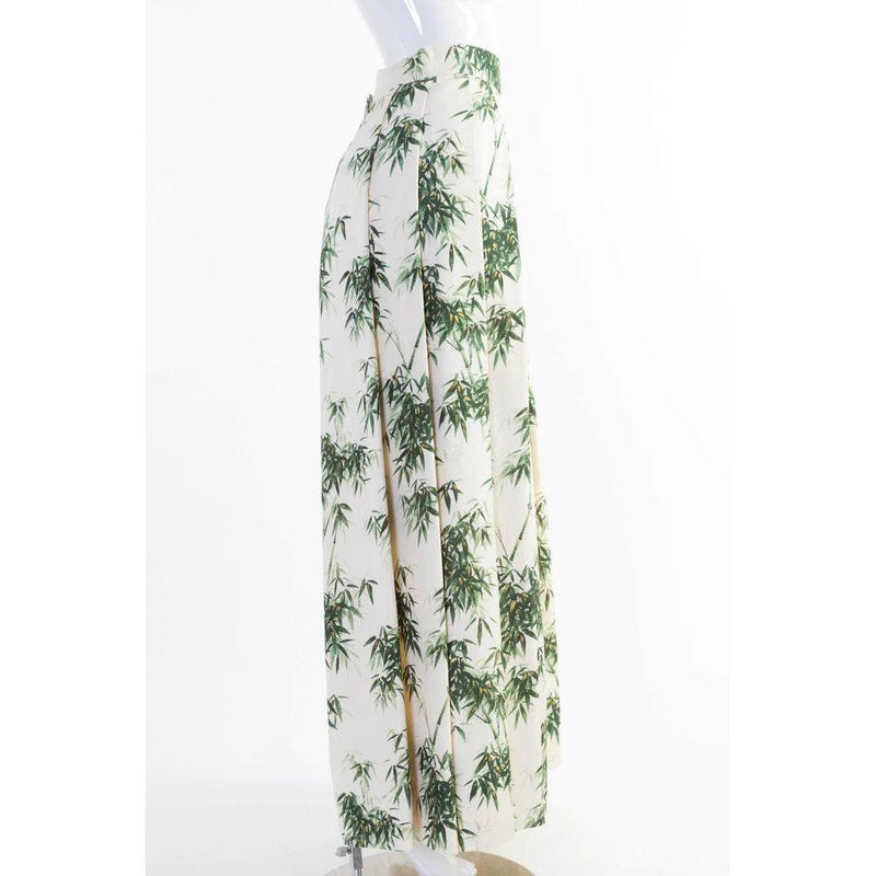 Pre-Owned 1960s Couture Silk Bamboo Ivory Green & Gold Leaf Print Maxi Side Pleat Skirt | Small - theREMODA