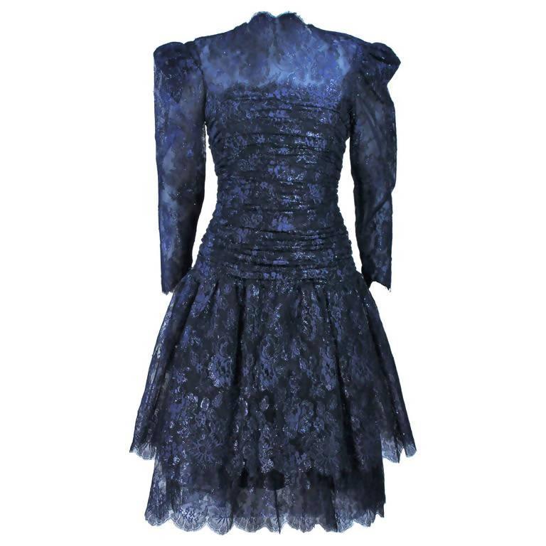 Pre-Owned ARNOLD SCAASI Metallic Navy Blue Lace Dress | US 8-10 - theREMODA