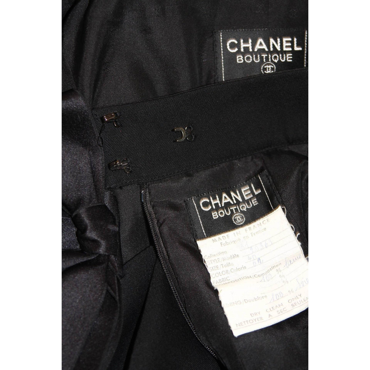 Pre-Owned CHANEL 1990's Black Wool Silk Ribbon Jacket and Skirt Suit | Size FR 36 - theREMODA