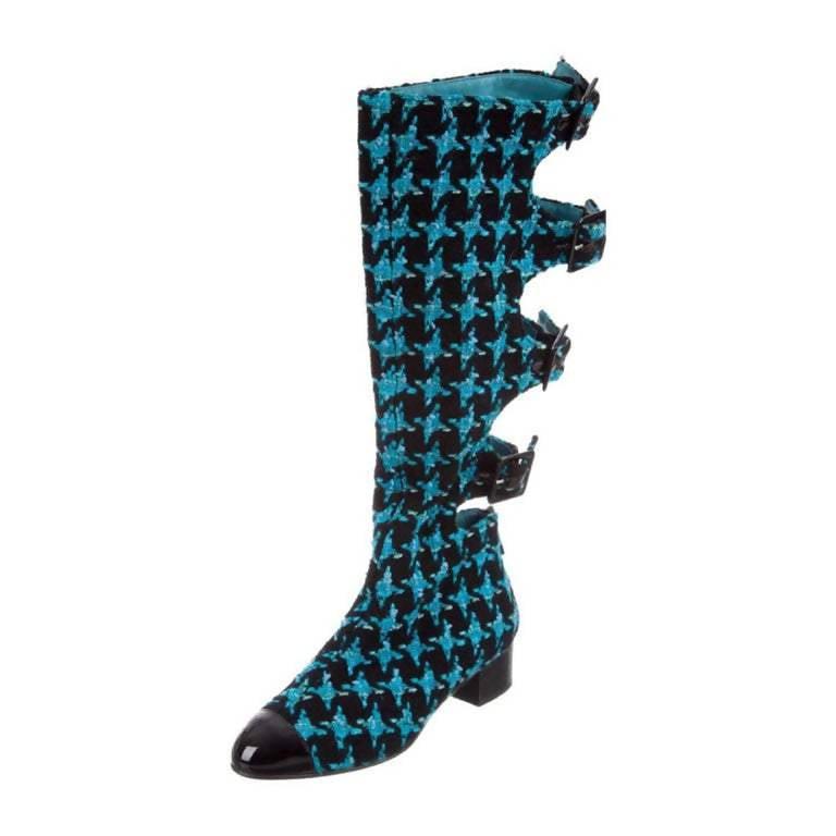 Pre-Owned CHANEL Boots Turquoise Tweed Black Patent Leather Buckle Runway 2007 - theREMODA