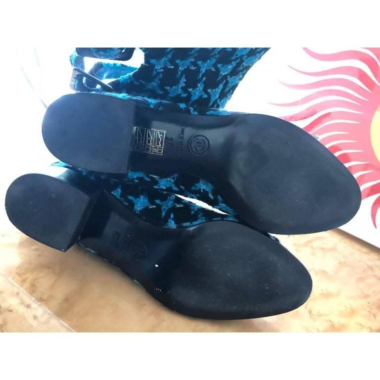 Pre-Owned CHANEL Boots Turquoise Tweed Black Patent Leather Buckle Runway 2007 - theREMODA