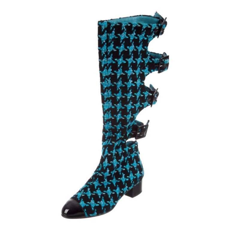 Pre-Owned CHANEL Boots Turquoise Tweed Black Patent Leather Buckle Runway 2007 - theREMODA