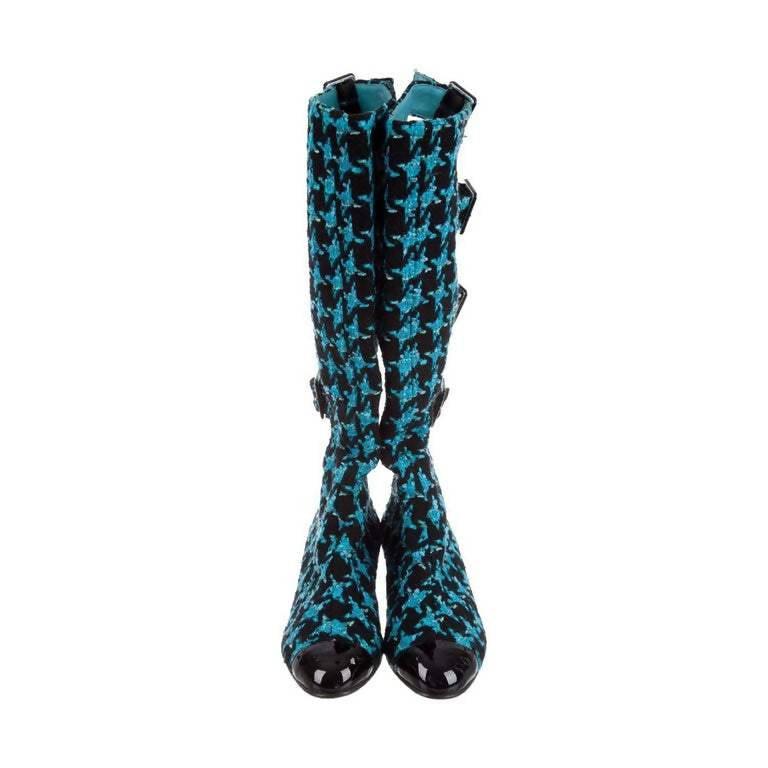 Pre-Owned CHANEL Boots Turquoise Tweed Black Patent Leather Buckle Runway 2007 - theREMODA