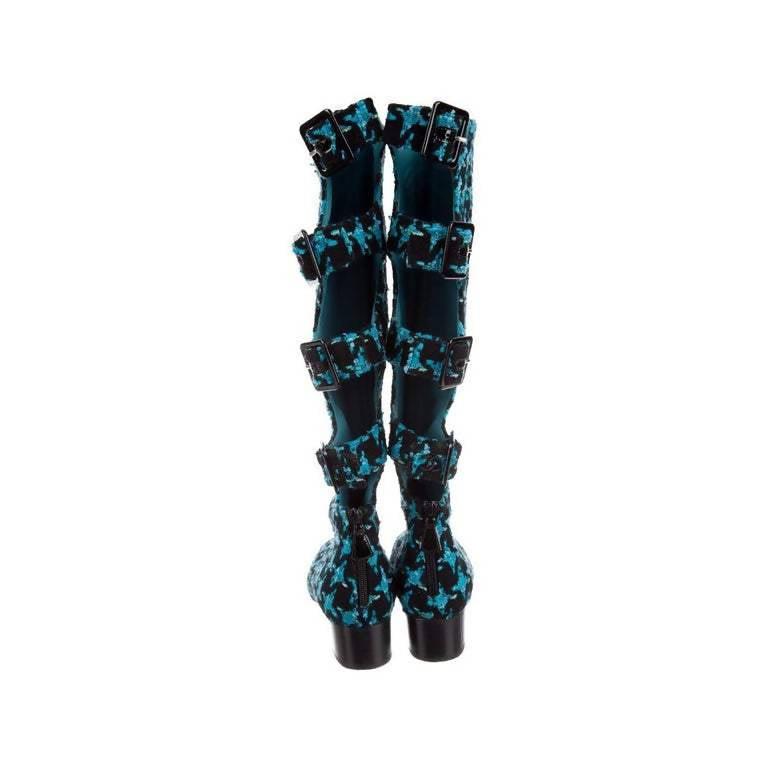 Pre-Owned CHANEL Boots Turquoise Tweed Black Patent Leather Buckle Runway 2007 - theREMODA