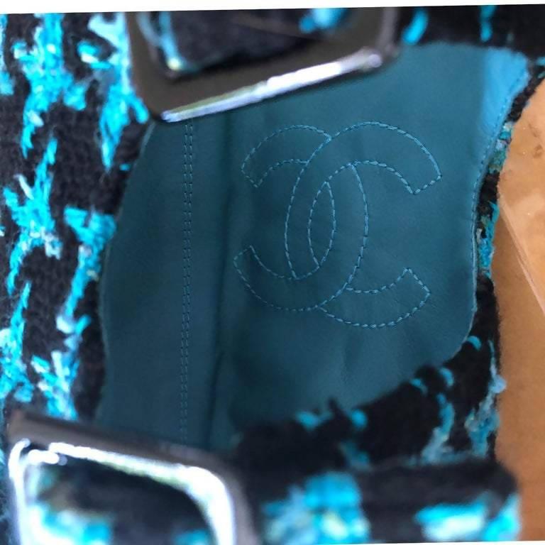 Pre-Owned CHANEL Boots Turquoise Tweed Black Patent Leather Buckle Runway 2007 - theREMODA
