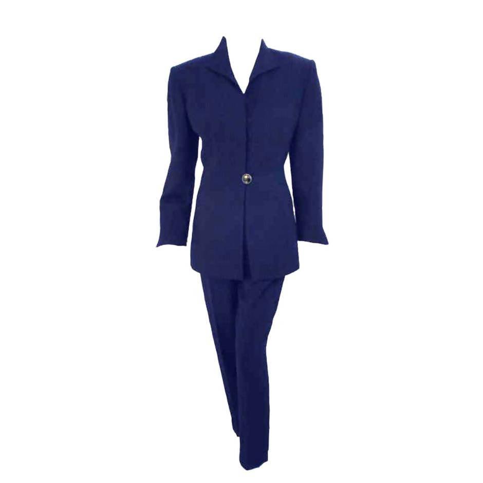 Pre-Owned CHRISTIAN DIOR 1980's Two-Piece Dark Blue Pant Suit | Size 8 - theREMODA