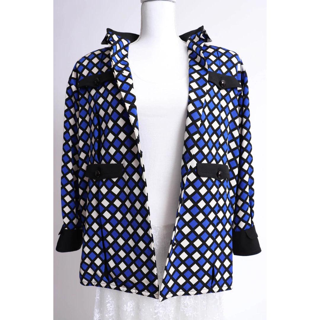 Pre-Owned GALANOS 1980's Black, White, and Blue Silk Print Jacket |  L/XL - theREMODA