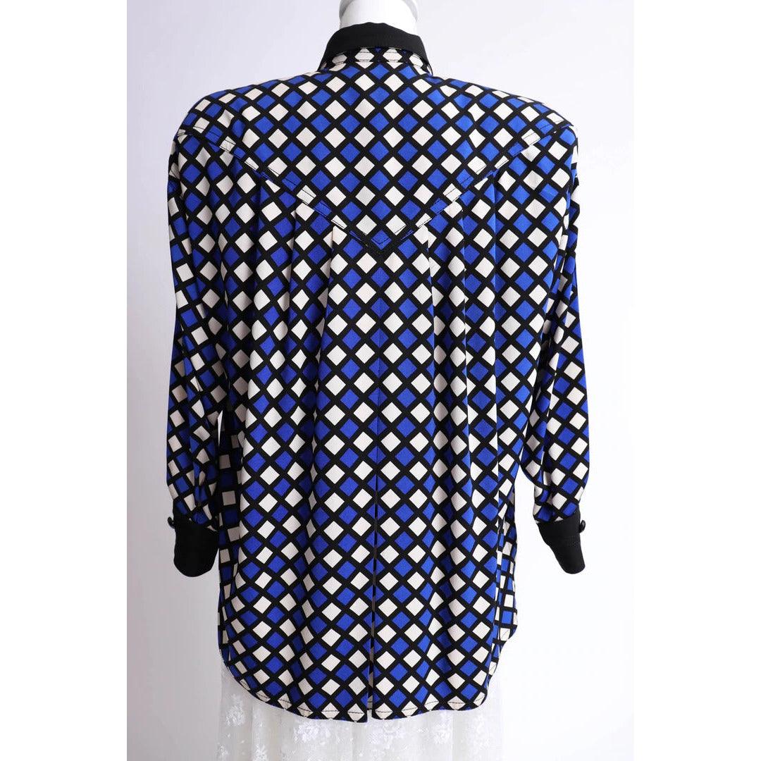 Pre-Owned GALANOS 1980's Black, White, and Blue Silk Print Jacket |  L/XL - theREMODA