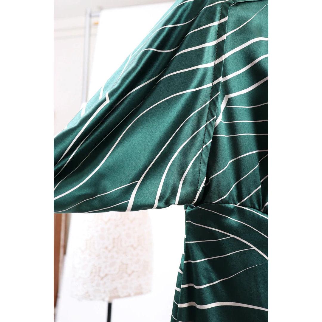 Pre-Owned GALANOS 1980's Emerald Green and White Striped Silk Satin Dress - theREMODA