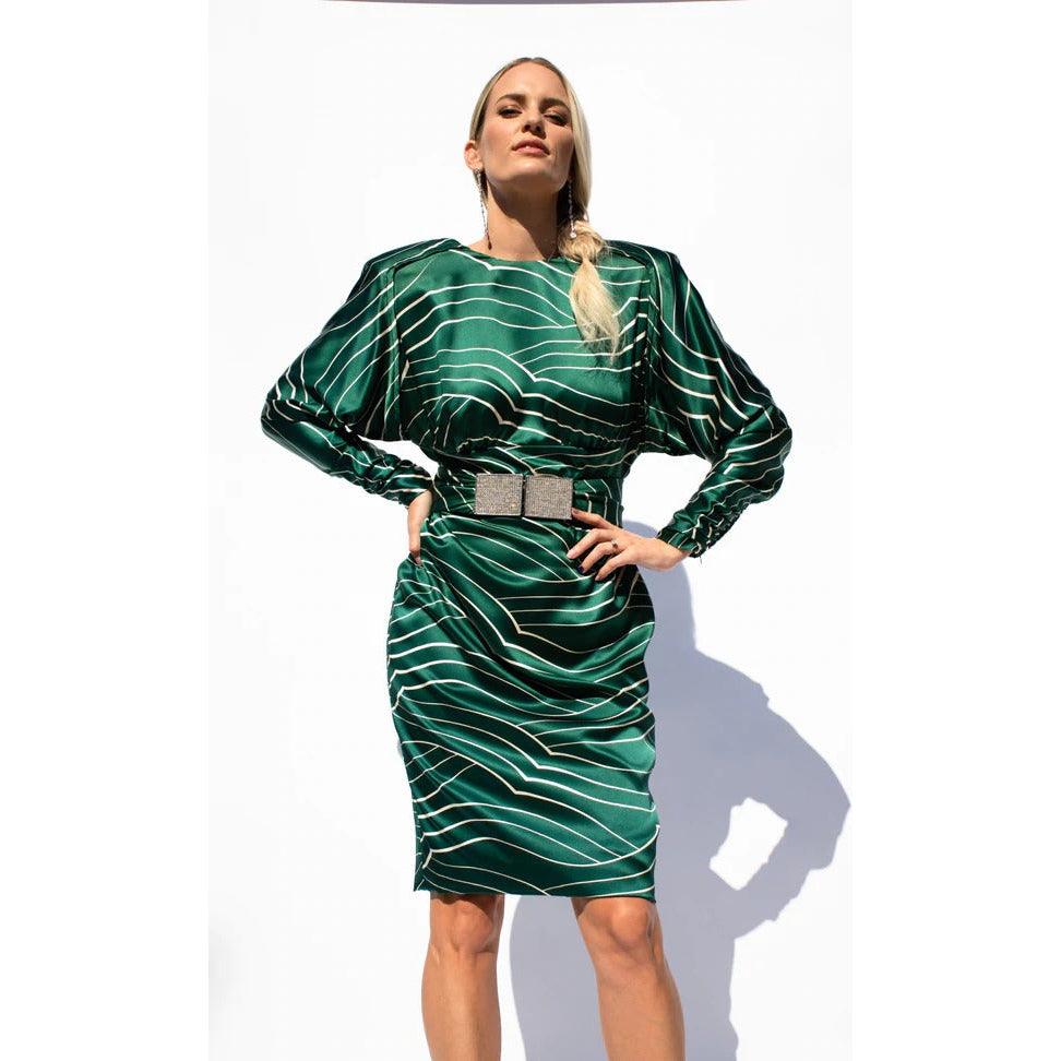 Pre-Owned GALANOS 1980's Emerald Green and White Striped Silk Satin Dress - theREMODA
