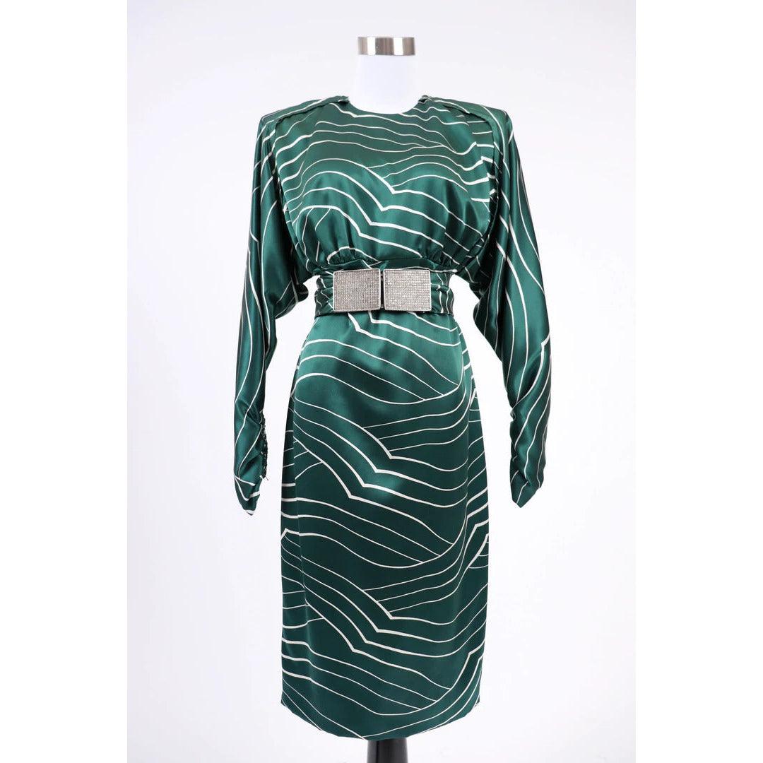 Pre-Owned GALANOS 1980's Emerald Green and White Striped Silk Satin Dress - theREMODA
