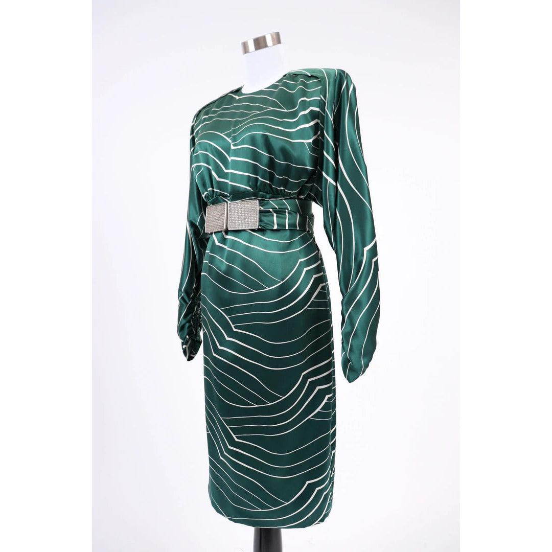 Pre-Owned GALANOS 1980's Emerald Green and White Striped Silk Satin Dress - theREMODA