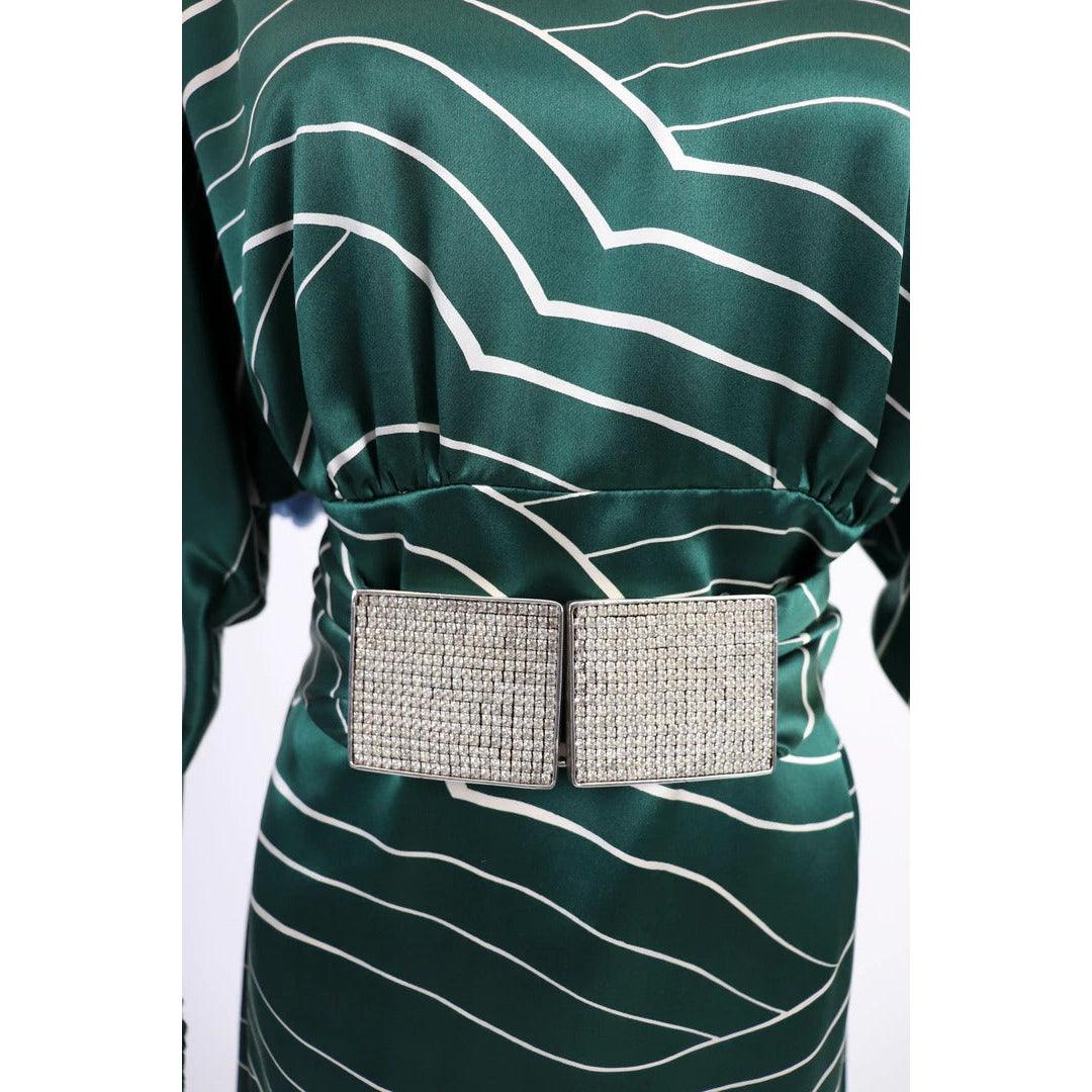Pre-Owned GALANOS 1980's Emerald Green and White Striped Silk Satin Dress - theREMODA