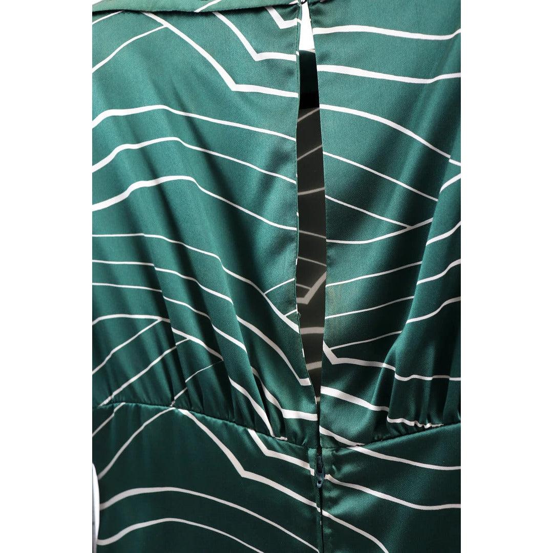 Pre-Owned GALANOS 1980's Emerald Green and White Striped Silk Satin Dress - theREMODA