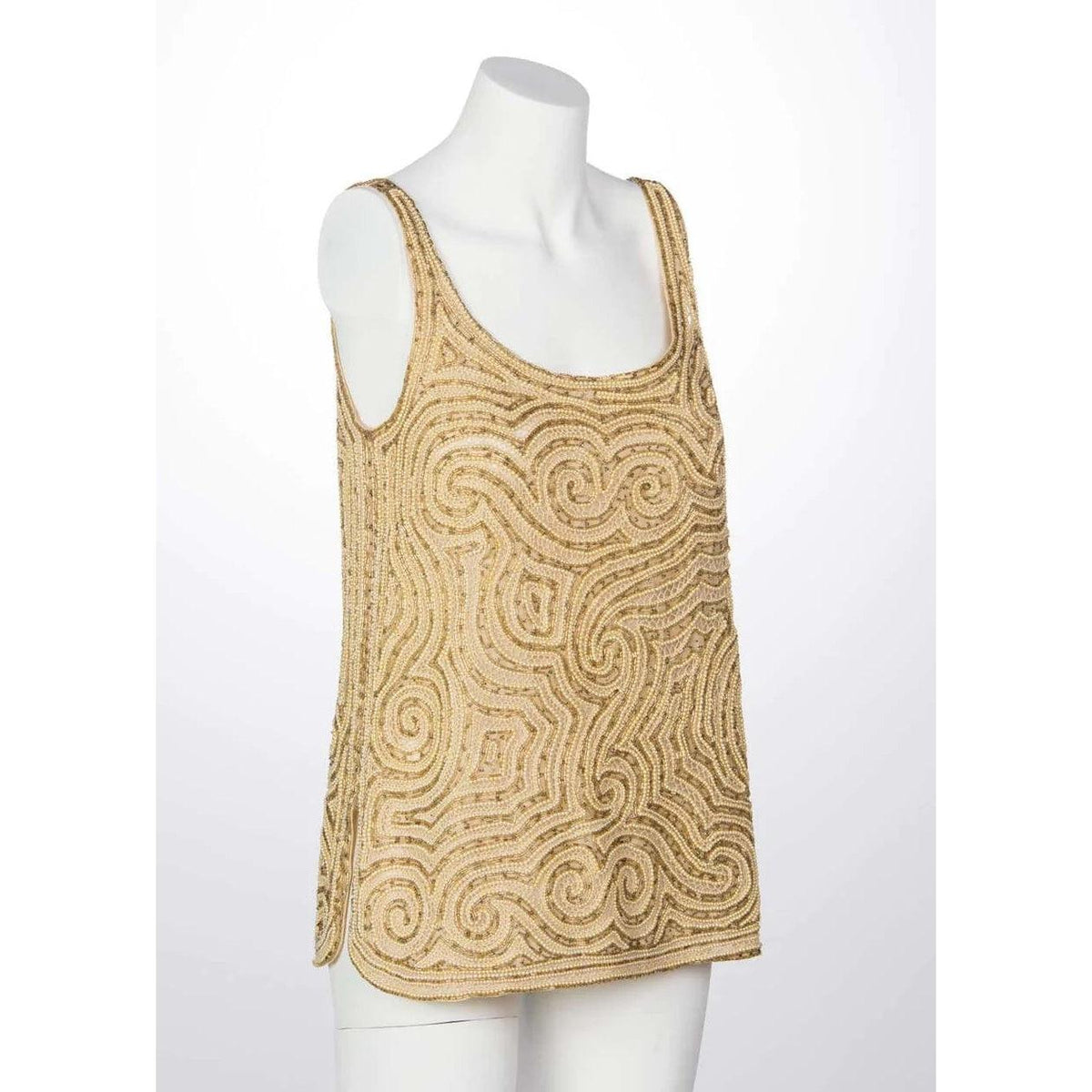 Pre-owned HALSTON 1970’s Gold Beaded & Pearl Organza Tunic Top - theREMODA