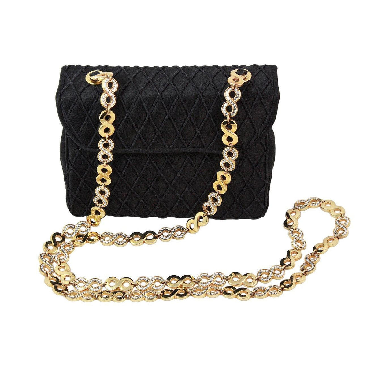 Pre-owned JUDITH LEIBER Black Satin Purse with Gold & Rhinestone Infinity Chain - theREMODA