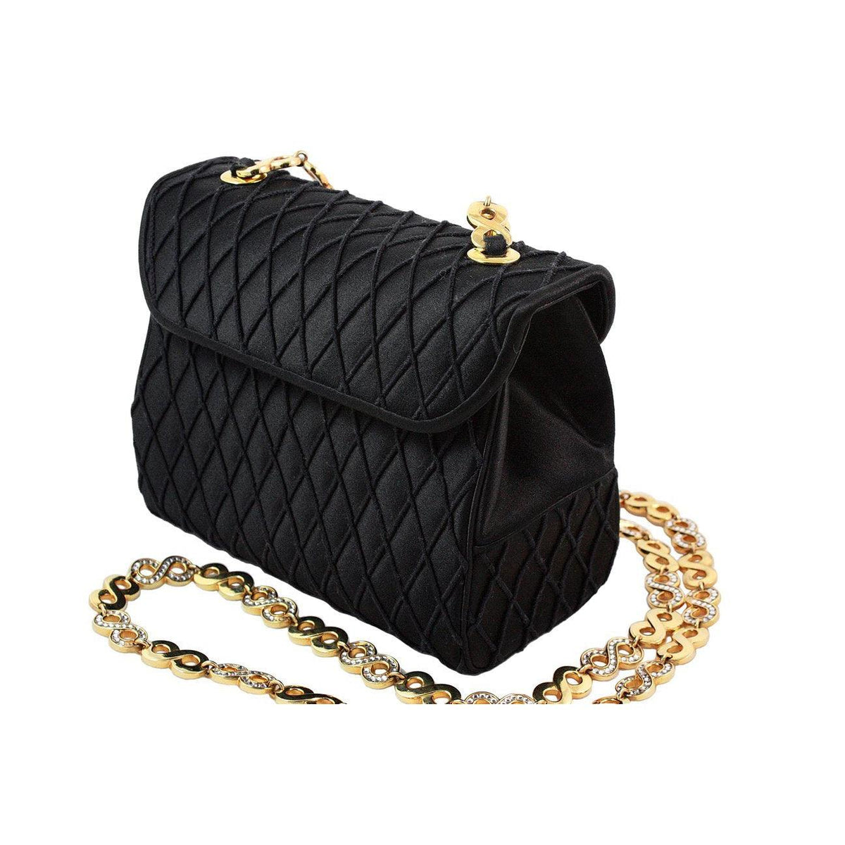 Pre-owned JUDITH LEIBER Black Satin Purse with Gold & Rhinestone Infinity Chain - theREMODA
