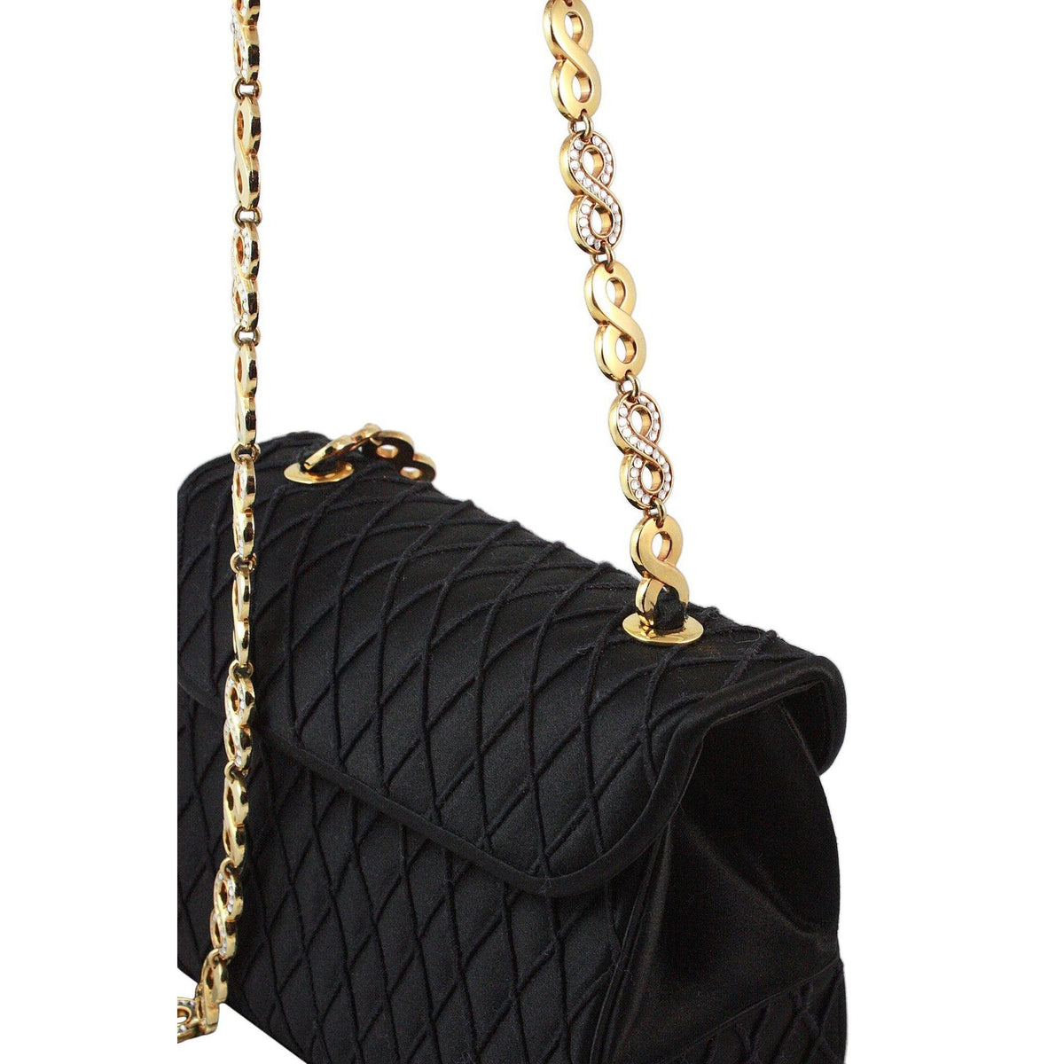 Pre-owned JUDITH LEIBER Black Satin Purse with Gold & Rhinestone Infinity Chain - theREMODA
