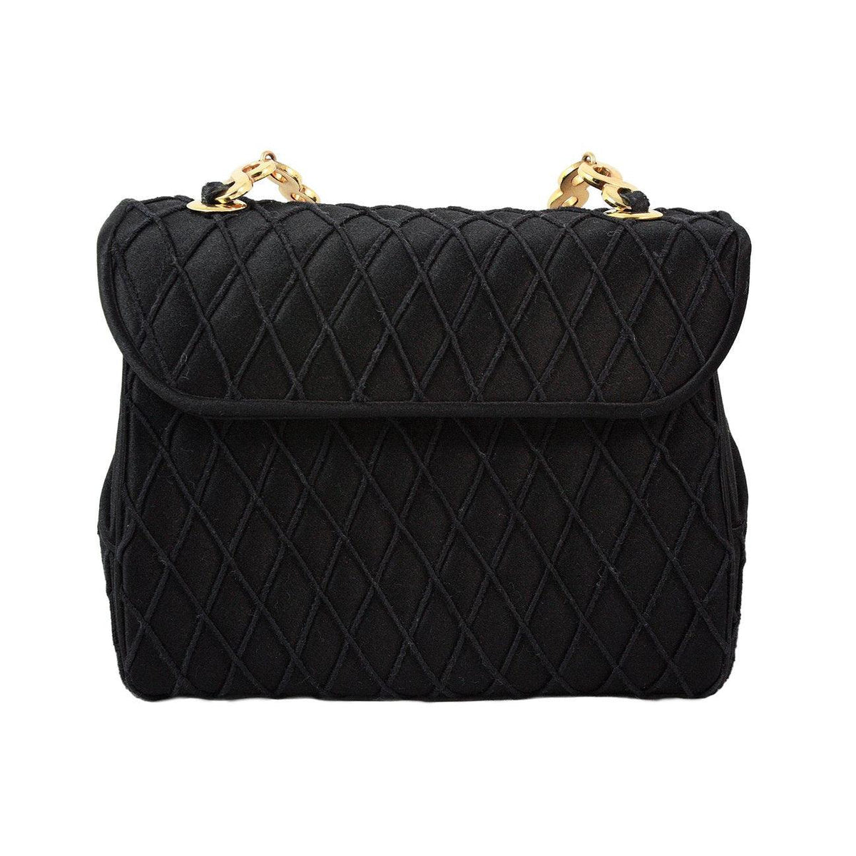 Pre-owned JUDITH LEIBER Black Satin Purse with Gold & Rhinestone Infinity Chain - theREMODA