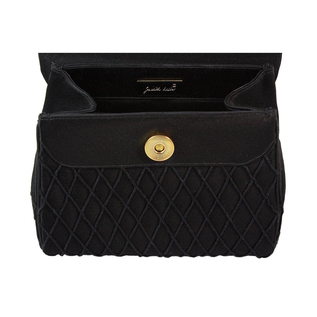Pre-owned JUDITH LEIBER Black Satin Purse with Gold & Rhinestone Infinity Chain - theREMODA