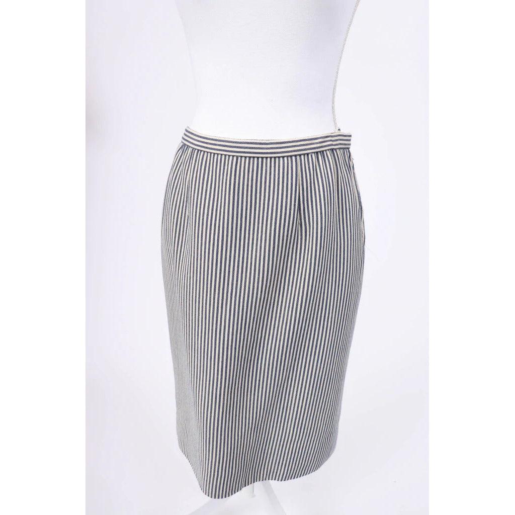 Pre-Owned OSCAR DE LA RENTA 1980's Blue and White Pinstripe Wool Swing Coat and Skirt Set |  Size 10 - M/L - theREMODA