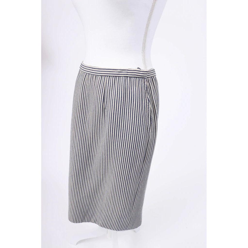 Pre-Owned OSCAR DE LA RENTA 1980's Blue and White Pinstripe Wool Swing Coat and Skirt Set |  Size 10 - M/L - theREMODA