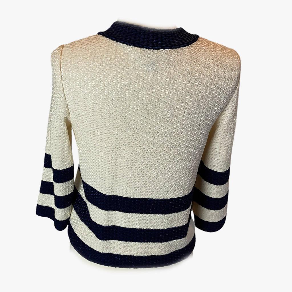 Pre-Owned ST. JOHN Cream and Navy Stripe Jacket with Flower Detail - theREMODA