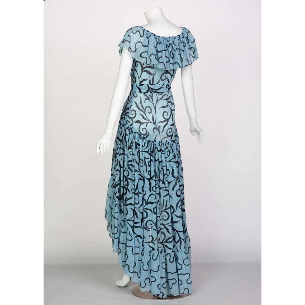 SAINT LAURENT Arabesque Print Blue Black Ruffle Collar Maxi Dress Ysl, 1980s | FR 38 - Small - theREMODA