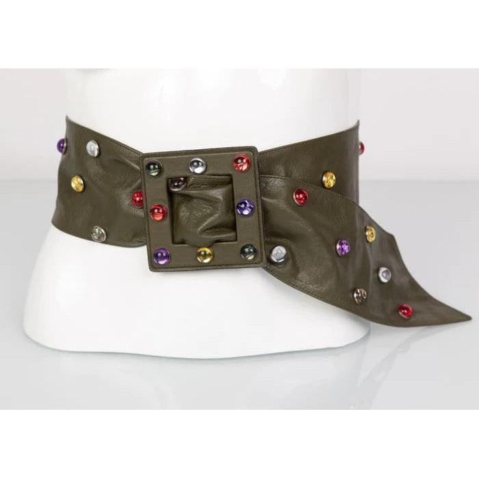 SAINT LAURENT Olive Wide Leather Jewel Belt - theREMODA