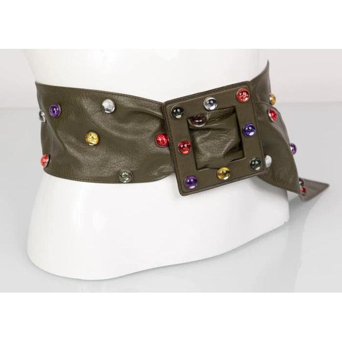 SAINT LAURENT Olive Wide Leather Jewel Belt - theREMODA