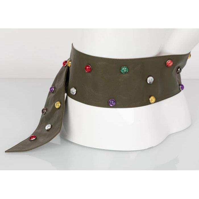 SAINT LAURENT Olive Wide Leather Jewel Belt - theREMODA