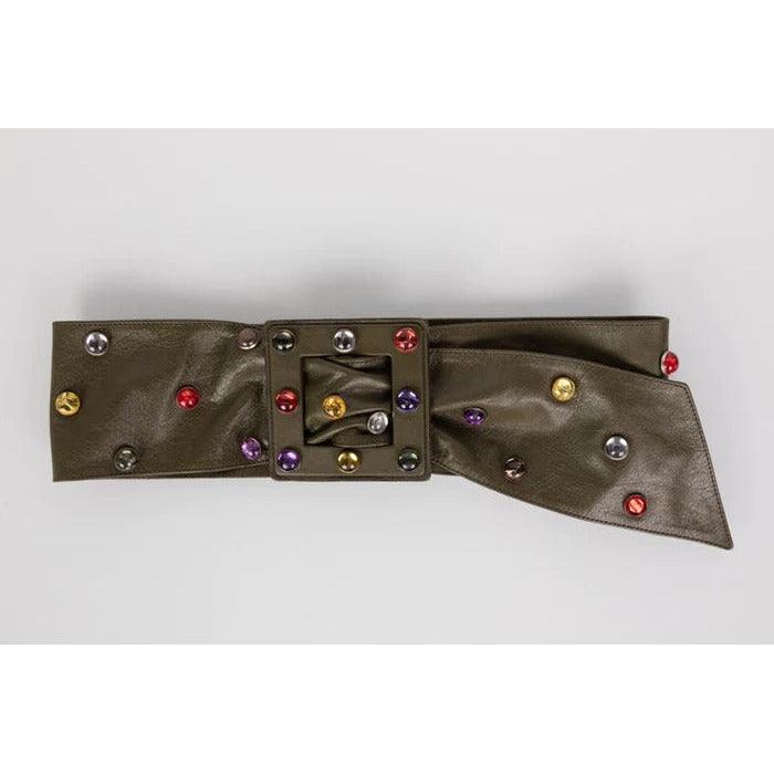 SAINT LAURENT Olive Wide Leather Jewel Belt - theREMODA
