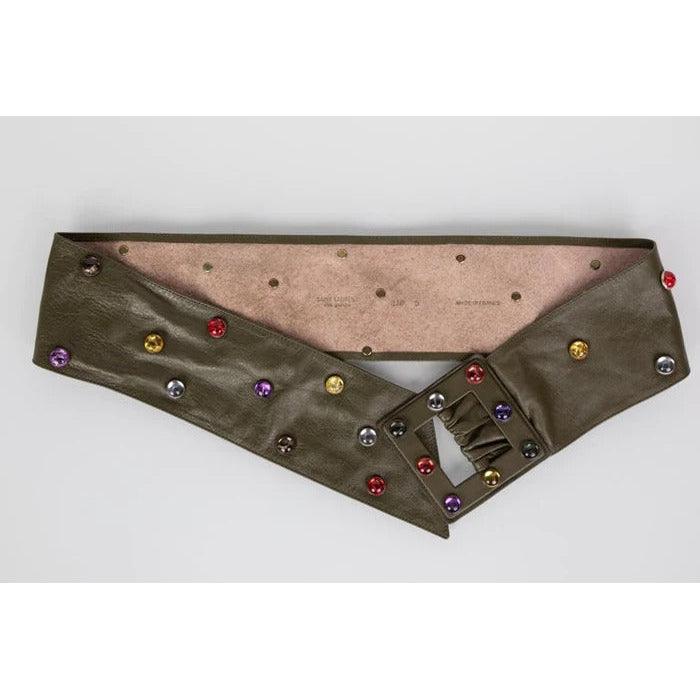 SAINT LAURENT Olive Wide Leather Jewel Belt - theREMODA
