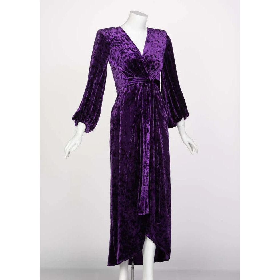 SAINT LAURENT Purple Crushed Velvet Plunge Wrap Dress Ysl Runway, 1985 - theREMODA