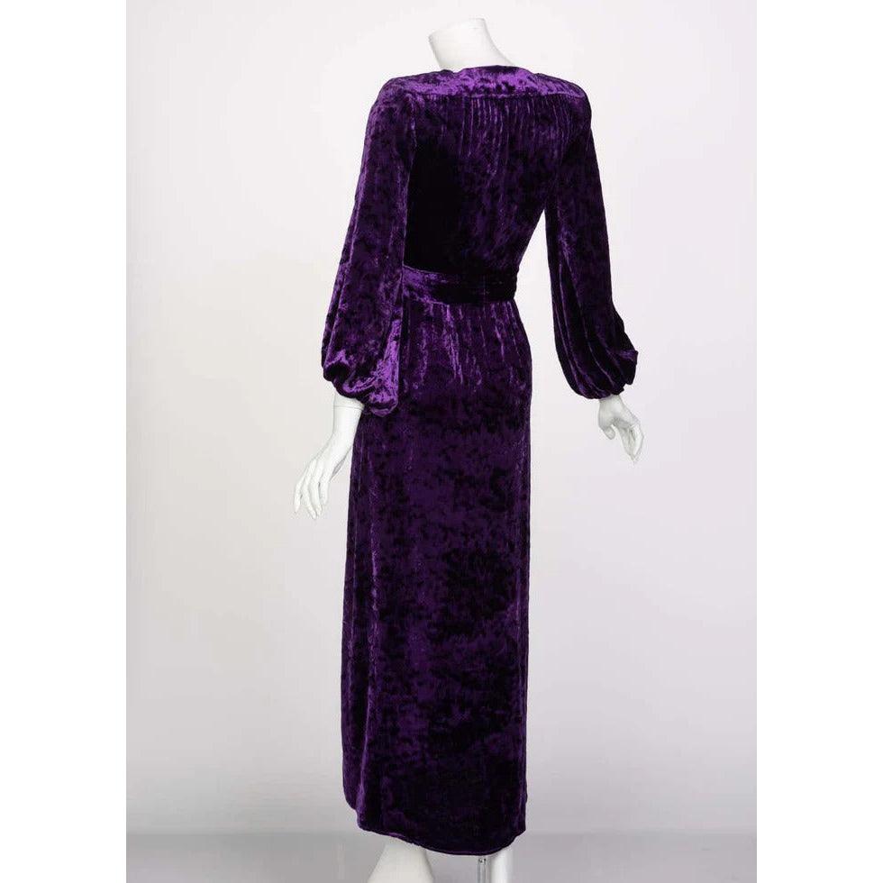 SAINT LAURENT Purple Crushed Velvet Plunge Wrap Dress Ysl Runway, 1985 - theREMODA