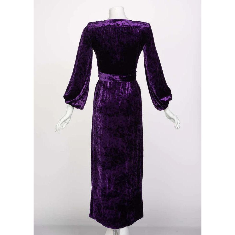 SAINT LAURENT Purple Crushed Velvet Plunge Wrap Dress Ysl Runway, 1985 - theREMODA