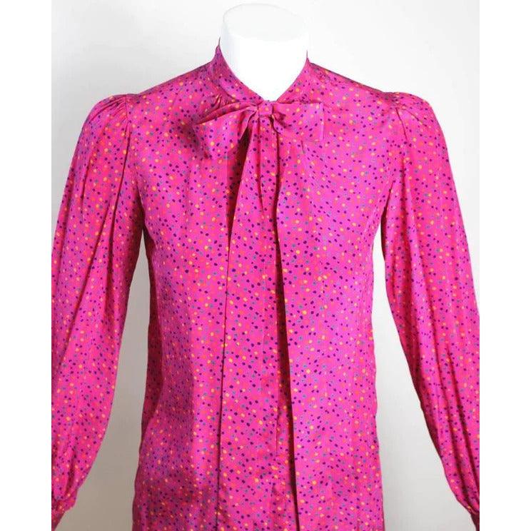 YVES SAINT LAURENT 1970s Pink Confetti Print Silk Bow Tie Blouse Ysl - theREMODA