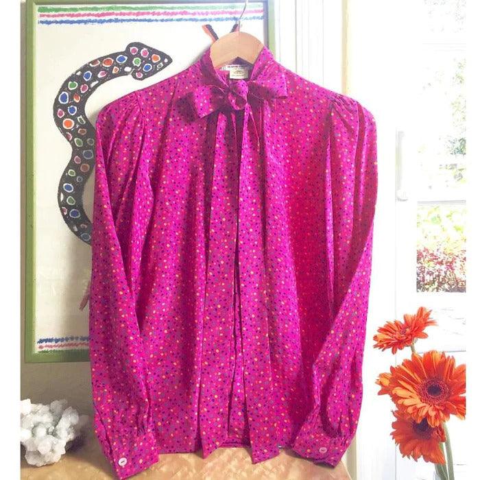 YVES SAINT LAURENT 1970s Pink Confetti Print Silk Bow Tie Blouse Ysl - theREMODA