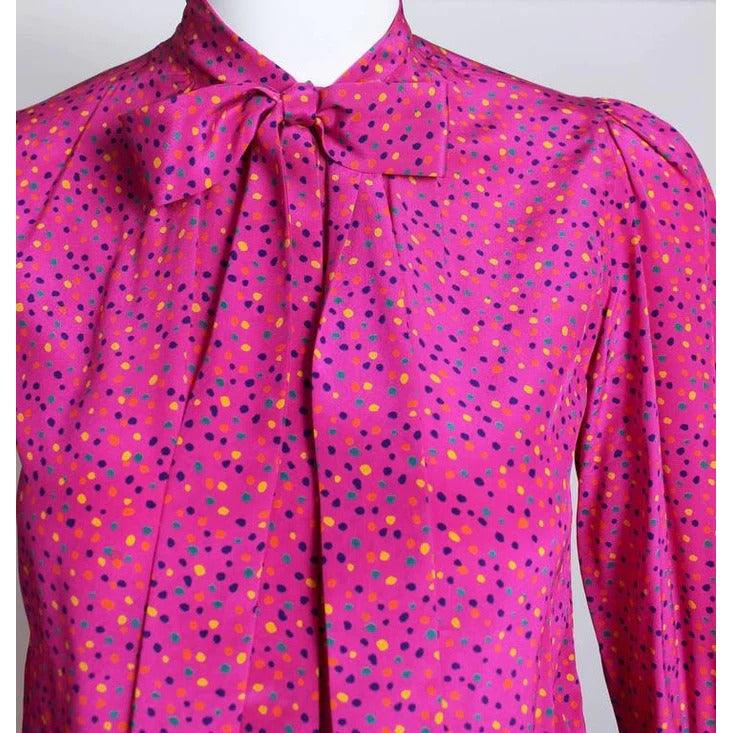 YVES SAINT LAURENT 1970s Pink Confetti Print Silk Bow Tie Blouse Ysl - theREMODA