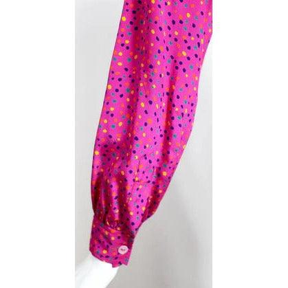 YVES SAINT LAURENT 1970s Pink Confetti Print Silk Bow Tie Blouse Ysl - theREMODA