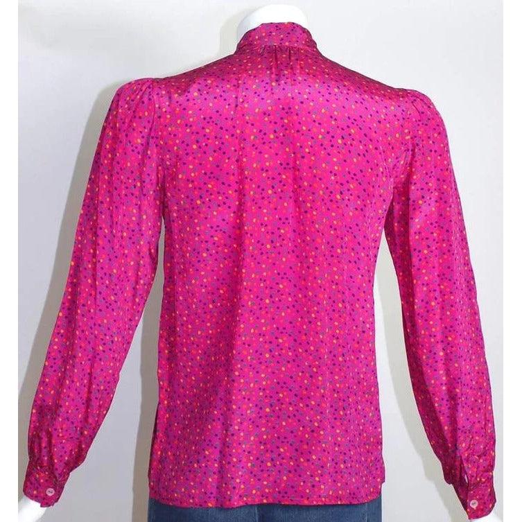 YVES SAINT LAURENT 1970s Pink Confetti Print Silk Bow Tie Blouse Ysl - theREMODA