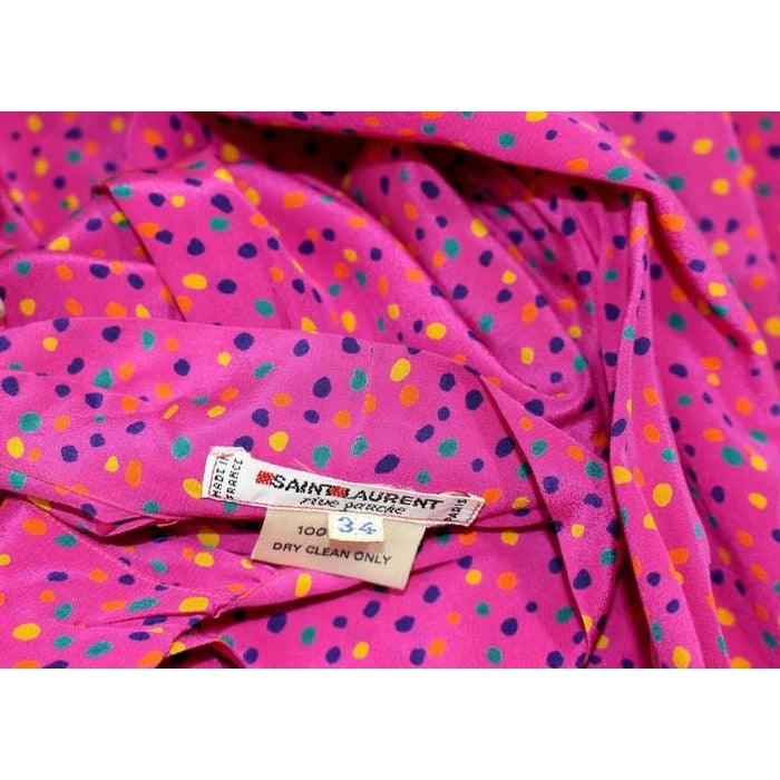 YVES SAINT LAURENT 1970s Pink Confetti Print Silk Bow Tie Blouse Ysl - theREMODA